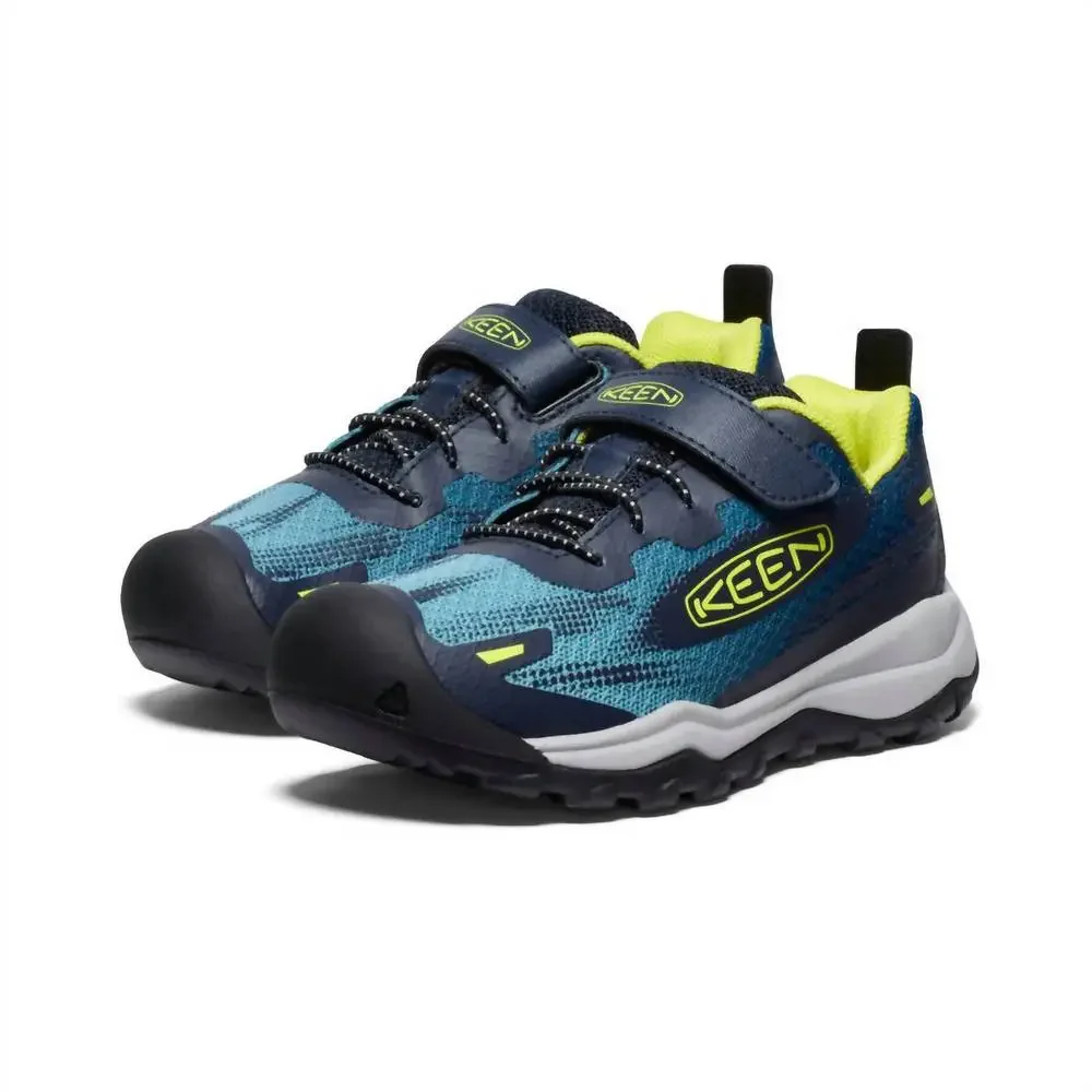 NEW KEEN boy's wanduro speed hiking shoe in legion blue/primrose